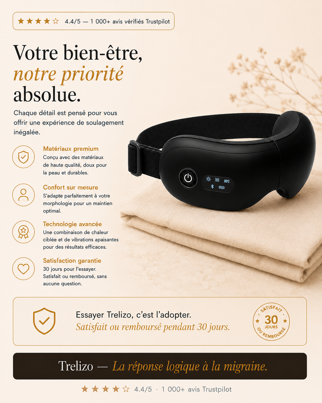 Trelizo — Masque Anti-Migraine Thermique & Massage | Soulagement en 15 min