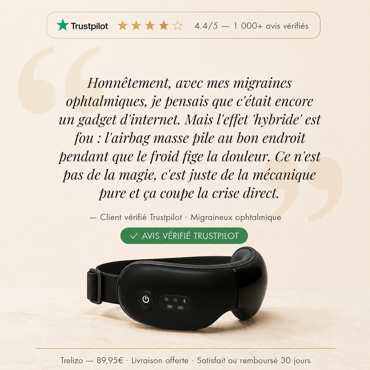 Trelizo — Masque Anti-Migraine Thermique & Massage | Soulagement en 15 min